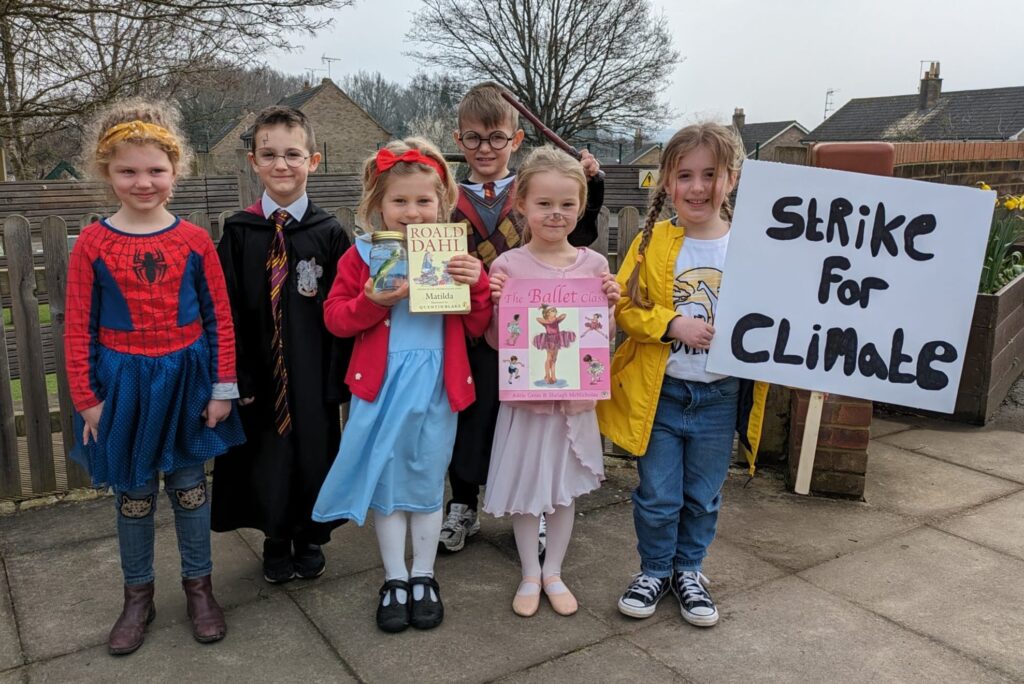 Six students are pictured dressed up as well-known characters from books for World Book Day 2024.