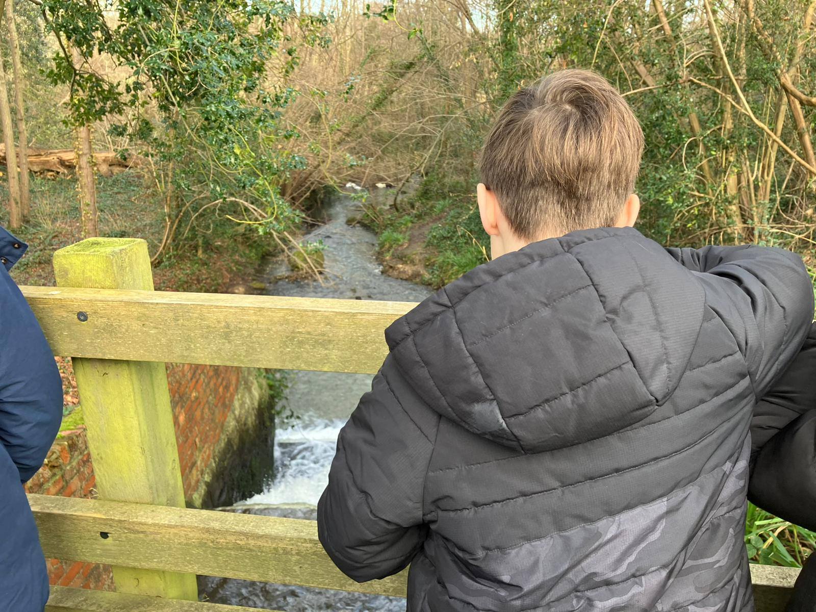 A child looking over a wooden bridge railing at a stream